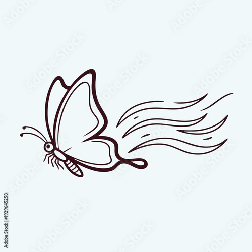 A single butterfly illustration flying through the air with motion lines, depicted in a simple line art style from a side viewpoint