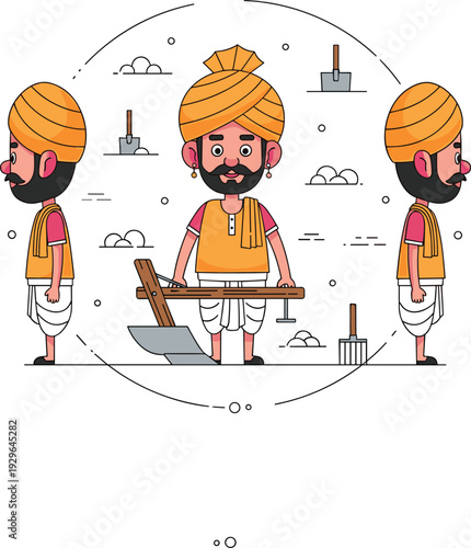 Punjabi Sikh Construction Workers in Orange Turbans and Safety Vests Holding Shovel Illustration, Flat Vector Bearded Indian Builders at Worksite with Tools and Buildings for Labor Culture Industry De