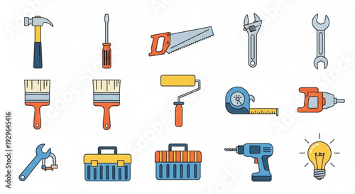 Collection of colorful hand tools and equipment for diy projects and home repair