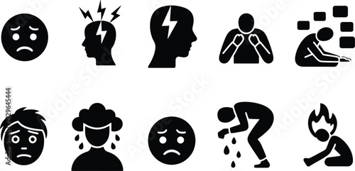 Black icons depicting various emotions and physical reactions