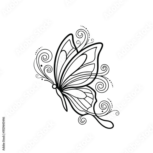 A delicate butterfly illustration with intricate swirls and patterns on its wings, showcasing artistic creativity and beauty in a simple yet elegant design.