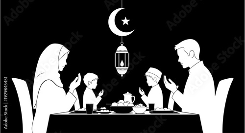 Muslim family silhouette praying together at dinner table for Iftar during Ramadan holy month with crescent moon and hanging lantern decoration.
