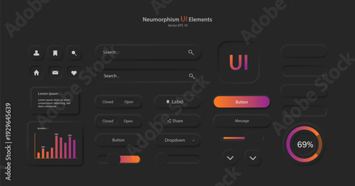 A collection of icons for the development of the user interface in black. A set of user interface elements for a mobile application. Buttons for mobile devices in the style of neumorphism, UI, UX