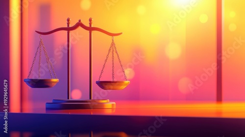 Golden Scales of Justice and Legal Reform illuminated by warm light