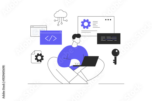 Software development, programming, coding. Man write code, settings and testing, developing programs and applications. Flat Cartoon Vector Illustration, icon Stylish abstract design landing page web
