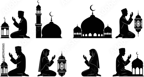 Islamic prayer and mosque silhouettes set featuring praying people with lanterns and different mosque designs, decorative vector for Ramadan and Eid.