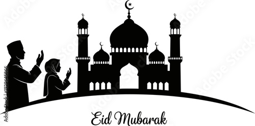 Eid Mubarak celebration background with mosque silhouette, Muslim couple praying, Islamic festival elements, religious holiday greeting, cultural tradition stock vector illustration.