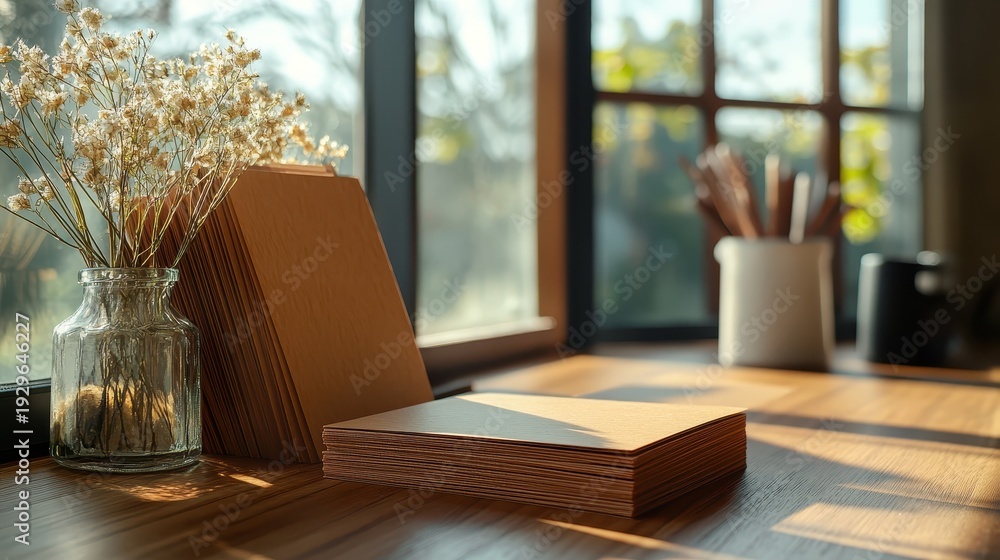 Fototapeta premium Stack of Kraft Business Cards with Natural Textures on a Wooden Surface Near a Window