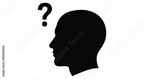 A stark black silhouette of a human head in profile with a question mark hovering nearby symbolizing inquiry