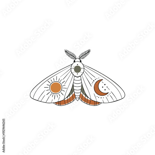 A butterfly illustration with sun and moon symbols on its wings, representing nature and mysticism in a simple art style.