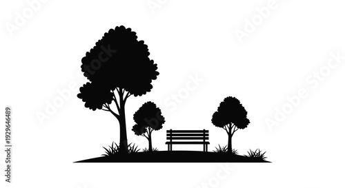 A striking black silhouette depicts a peaceful park scene with trees grass and a lone bench silhouette high quality
