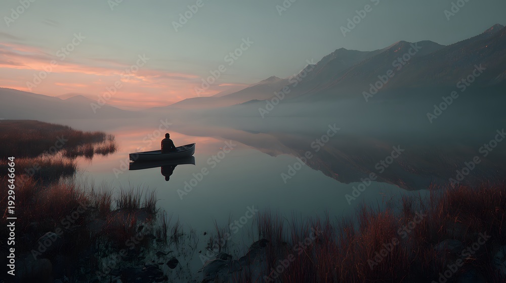 Naklejka premium A tranquil scene of a lone boat on a serene lake surrounded by mountains and mist, capturing the essence of solitude and peace. 