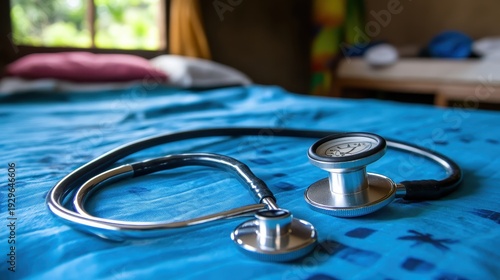 Medical stethoscope rests on a blue textured surface, suggesting healthcare outreach and patient care in a field setting.