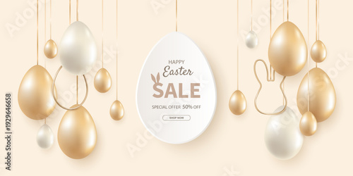 Easter sale banner design with up to 50 discount with realistic gold and white eggs on beige background. A holiday design template for a coupon, banner, or advertising poster. Vector EPS 10.