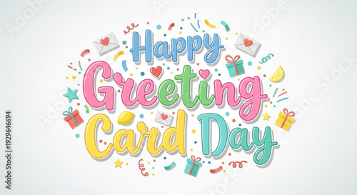 Colorful happy greeting card day celebration with gifts and confetti