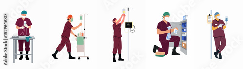 Healthcare professionals in scrubs managing medical equipment, IV drips, and supplies, depicting various hospital tasks and patient care procedures.