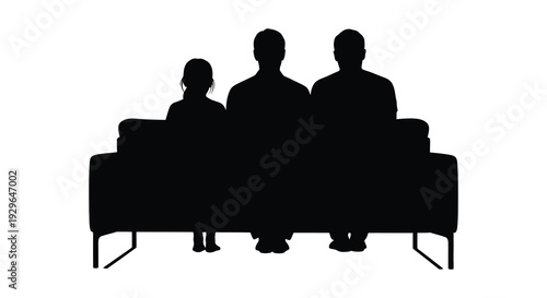 A family of three sits together on a couch enjoying leisure time in a stark black silhouette high quality