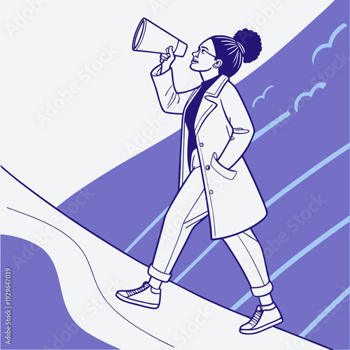 International womens day concept with woman using megaphone to speak out and advocate for change in outdoor setting