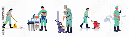 Hospital Cleaning Staff Performing Essential Hygiene Duties with Tools and Equipment for a Clean and Safe Environment