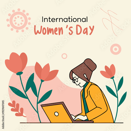 International womens day celebrated with woman working on laptop computer surrounded by blooming flowers and decorative elements