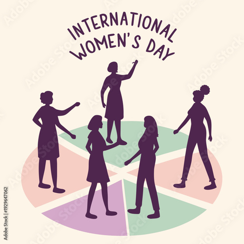 International womens day banner with diverse female silhouettes standing together on colorful circle segments representing unity and empowerment art