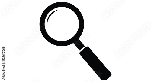 A stark black magnifying glass is depicted against a white background presenting a clean minimalist silhouette high quality professional