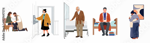 Illustrations showcasing human connection, emotional support, healthcare, spirituality, and daily life challenges, emphasizing empathy and mutual care.