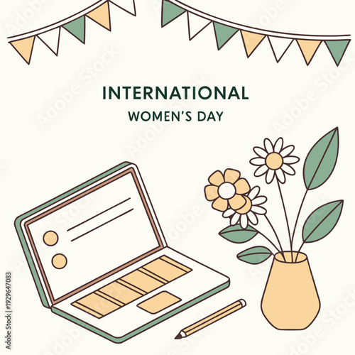 International women's day banner with laptop, flowers in a vase, and decorative flags. modern digital workspace with festive decorations