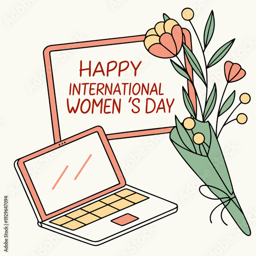 Happy international women's day banner with laptop and flowers. greeting card for march 8th, celebrating women's achievements and strength