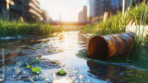 Rusty pipe polluting a grassy waterway with urban cityscape and bright sunlight