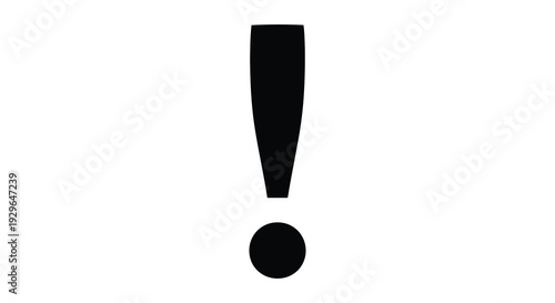 A stark black exclamation point with a dot below presented on a pure white background a bold silhouette