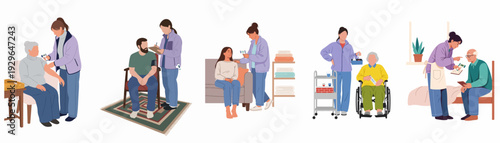 Home healthcare and elderly care services with nurses assisting patients, illustrating medical check-ups and supportive living.