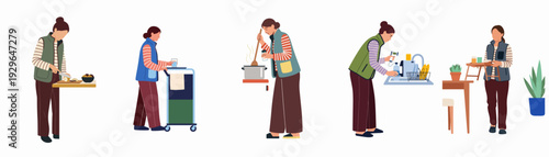 Flat illustration of a person engaged in various domestic and service-related activities including cooking, cleaning, and serving.