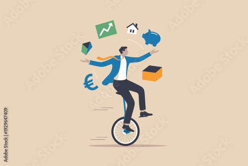 Businessman balancing financial priorities and investments while riding a unicycle on a plain background.