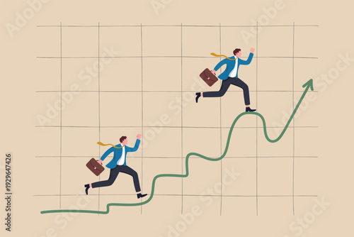 Two businessmen running up a steep green growth chart representing success and career progress.