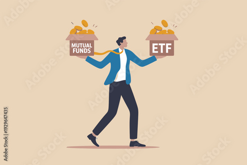 A businessman balancing investment options between mutual funds and exchange traded funds
