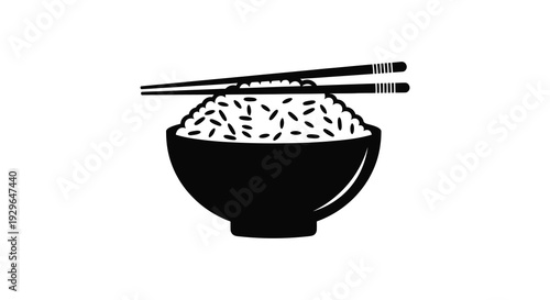 A black and white illustration depicts a bowl of rice with chopsticks showcasing a minimalist silhouette high quality professional