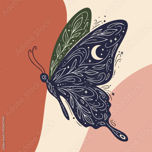 A delicate butterfly with intricate designs and a crescent moon on its wings is flying in a dreamy atmosphere.