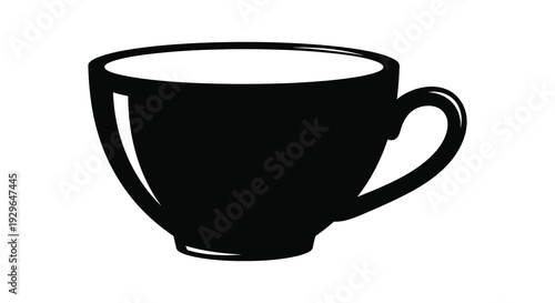 A stark black silhouette of a classic teacup with a rounded form and prominent handle a simple silhouette