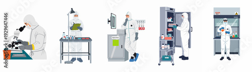 Scientists in full protective suits conduct diverse laboratory research, handling specimens, chemicals, and microscopes, emphasizing biosafety and critical medical investigations.