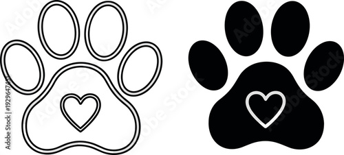 Dog Paw Print with Heart Line and Solid Icon Set for Pet Love Symbol Design