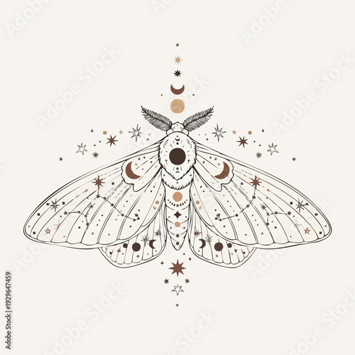 A butterfly with celestial patterns on its wings surrounded by lunar phases and stars in a mystical illustration