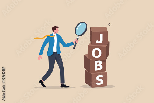 Businessman searching for career opportunities through a magnifying glass at a stack of job boxes.