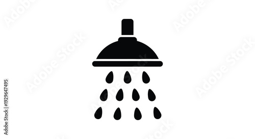 A simple black graphic depicts a showerhead with water droplets falling presented as a stark silhouette high quality professional