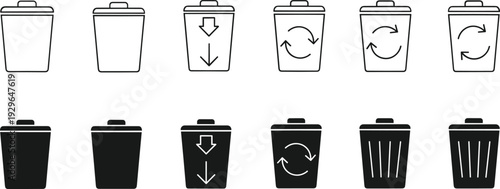 Trash Bin Icon Set Delete Recycle Waste Container Outline and Solid Vector Collection