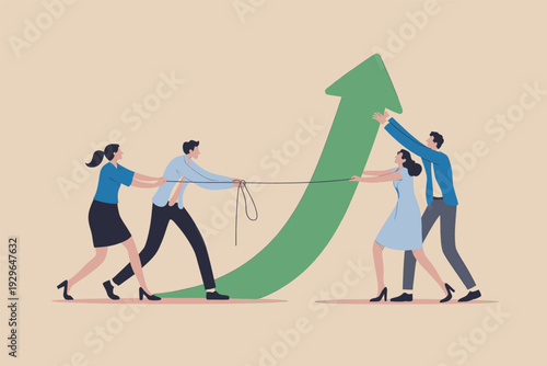 Collaborative business team striving for success by pushing a large green upward arrow together.