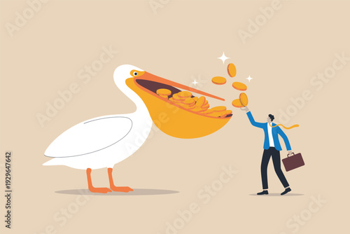 Businessman feeding golden coins into the large beak of a white pelican bird illustration.