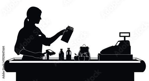 Cashier scanning groceries at checkout counter in detailed black and white vector illustration graphic design