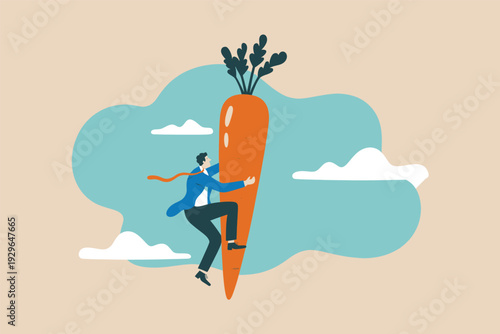 Businessman climbing a giant carrot symbolizing motivation and career growth rewards