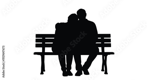 Vector graphic silhouette of a loving couple embracing affectionately while sitting together on a park bench